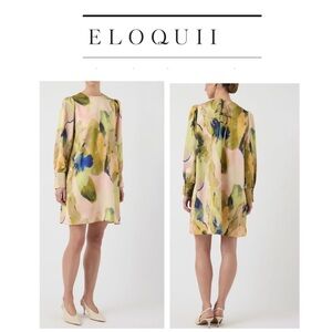 🆕Eloquii Satin Yellow and Green Sheath Dress with Bishop Sleeves 16🆕